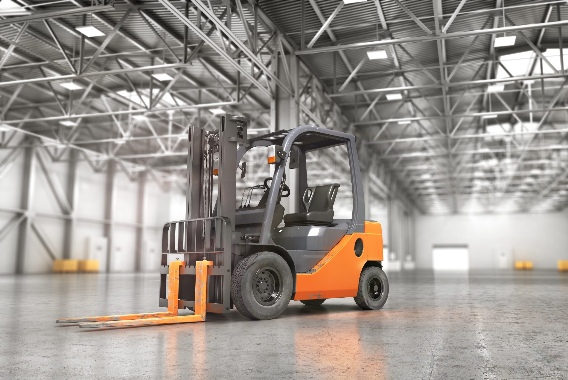 Concept of warehouse. The forklift in the empty big warehouse on